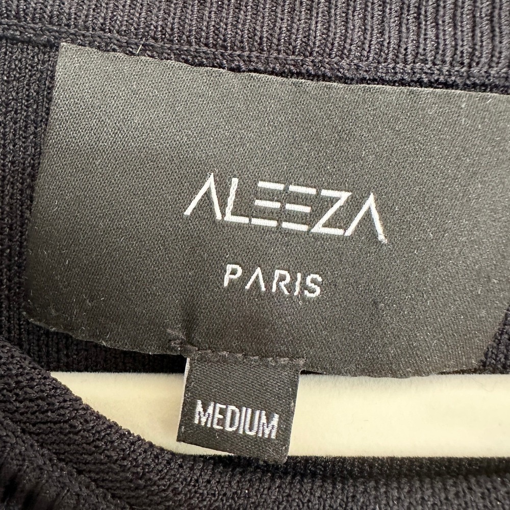 Aleeza Paris Sweater Women Medium Black Ribbed Sleeve Gold Button Cuff Crewneck - Picture 2 of 12